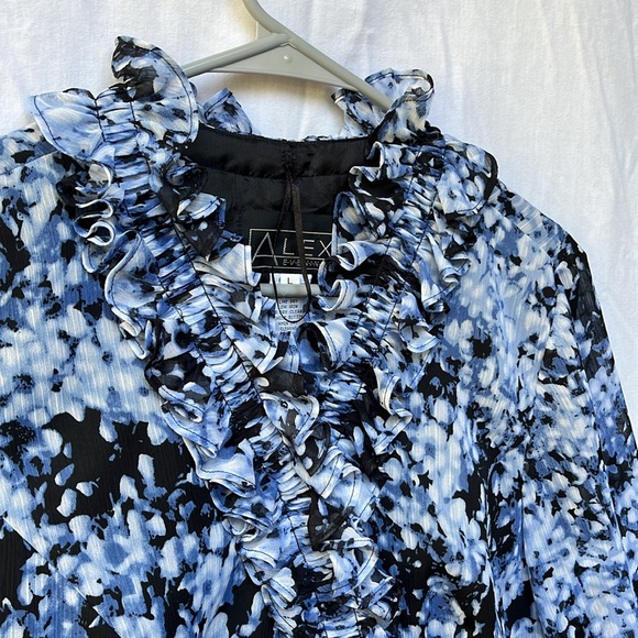 Alex Evenings •Blue/Black Floral, 3/4 Sleeve,Collared Evening Blouse SzLG - Picture 2 of 13